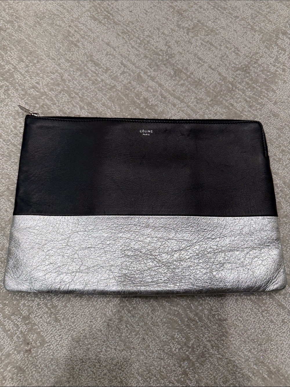 Celine Black and Silver Two-Tone Leather Pouch